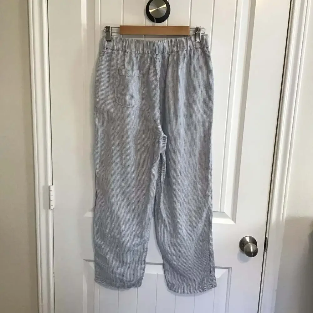 Quince European Linen Tapered Ankle Pants Blue Pinstripe Size Small Chic